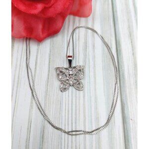 FAS 925 Sterling Silver Butterfly Pendant Crystal Accents Sterling Box Chain 20"